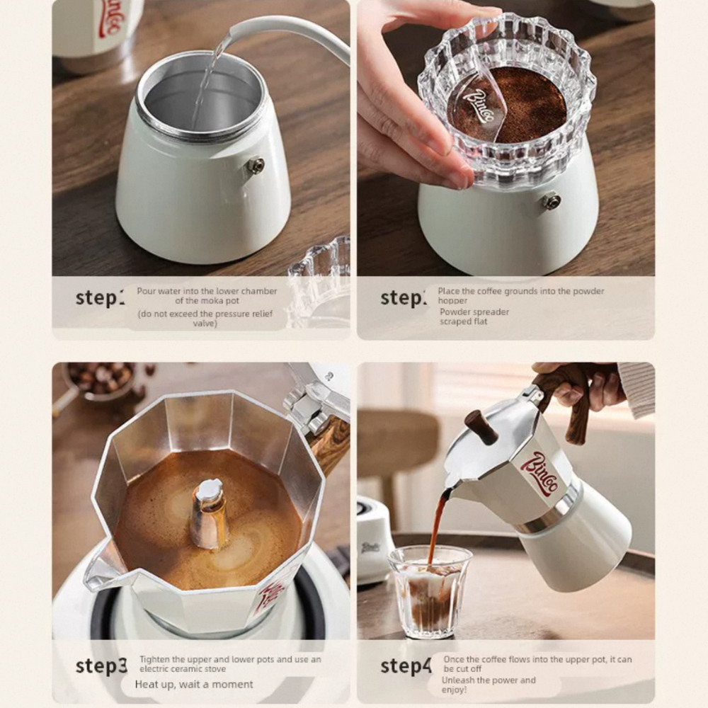 BINCOO Moka Pot Set| Electric Stove| Coffee Grinder| Coffee Pot| Coffee Filter| Leveler.